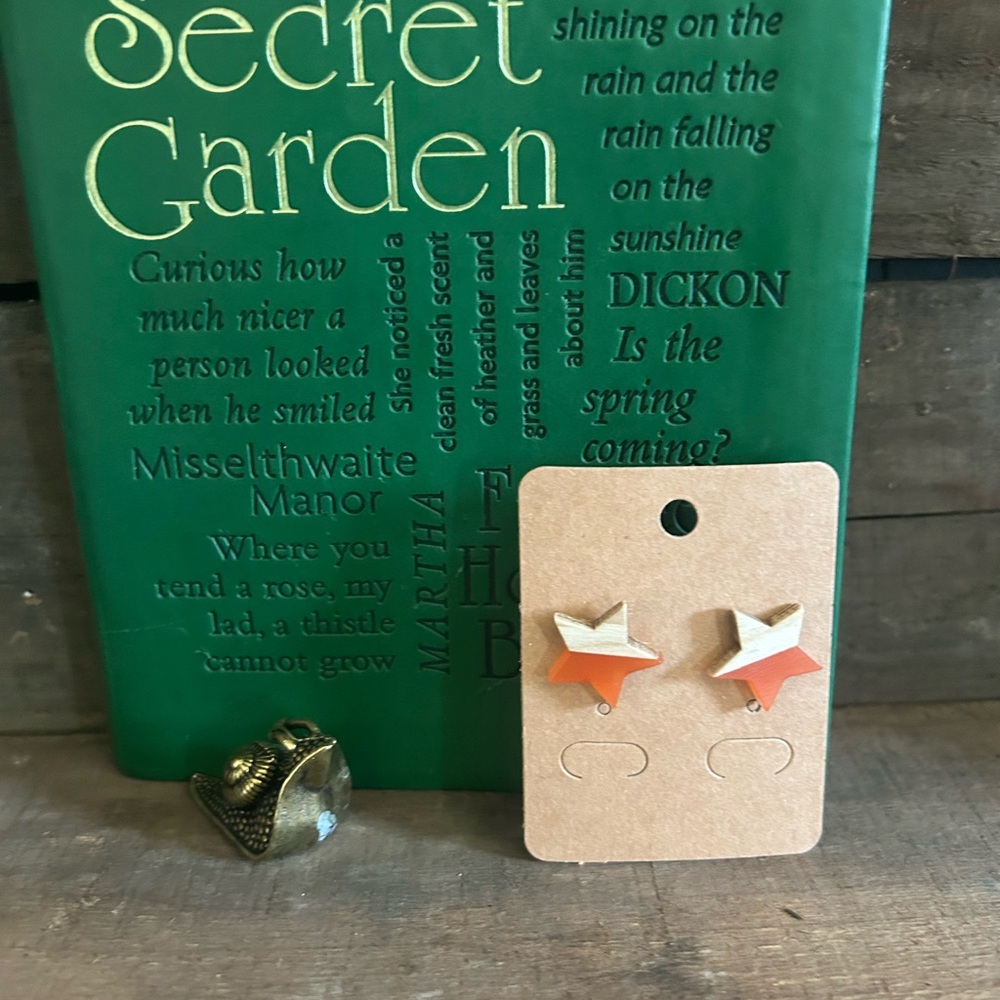 NWT orange star wood and resin earrings.